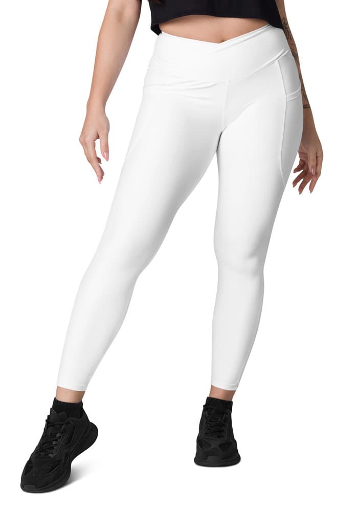 All-Over Print Recycled Crossover Leggings with Pockets — White