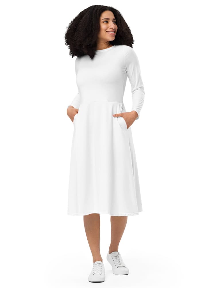All-Over Print Long Sleeve Midi Dress — White