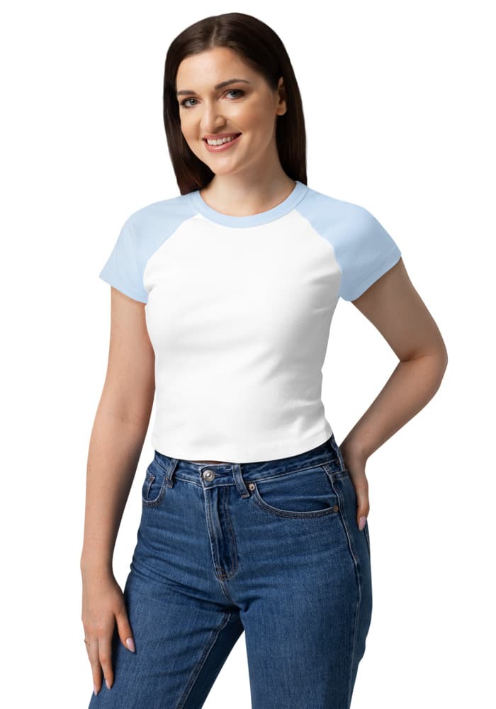 Women's Micro Rib Raglan Baby Tee | Bella + Canvas 1201 — White/Baby Blue